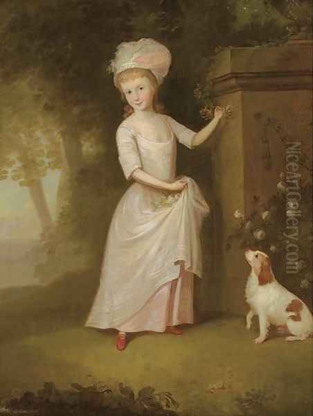 Portrait of a young girl, full-length, in a pink dress, in a garden, a spaniel by her side Oil Painting by Thomas Hickey