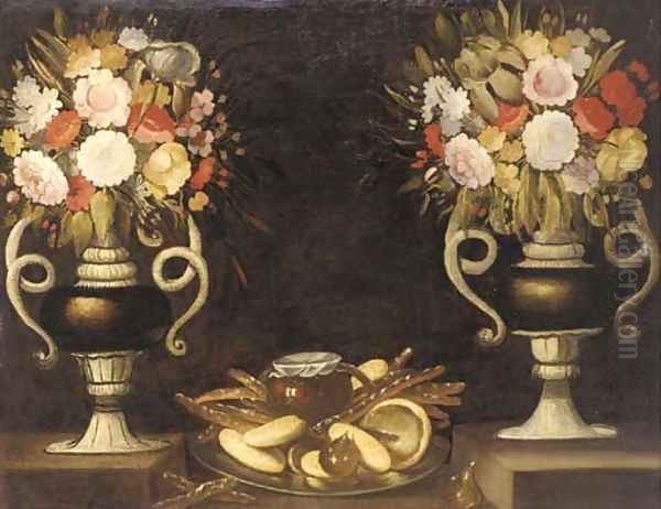 Mixed flowers in a pair of urns, bread, a jug of wine and figs on a silver dish on a ledge Oil Painting by Tomas Hiepes