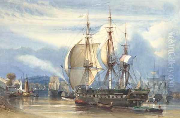 The French merchant frigate Chile preparing to set sail Oil Painting by Antoine-Desire Heroult