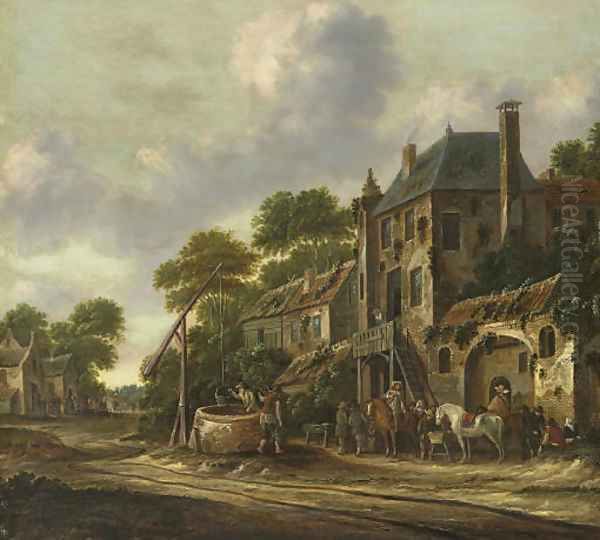 Travelers in a village landscape Oil Painting by Barend Gaal Harlem