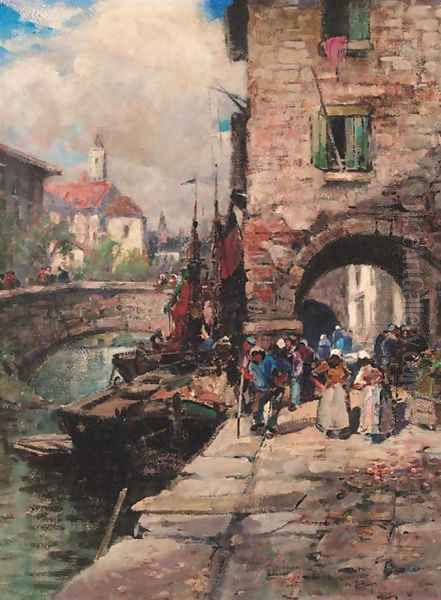 Figures on a quay Oil Painting by Bartram Hiles