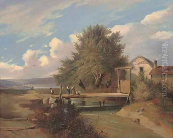 Anglers on a bridge Oil Painting by Camillo Hackensollner