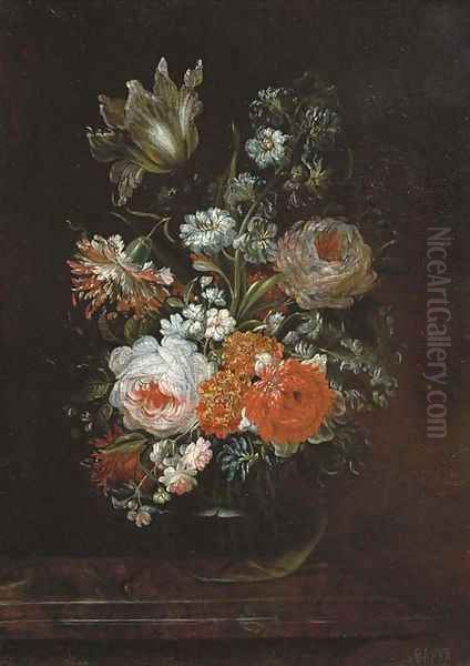 Roses, a tulip and other flowers in a glass vase on a wooden ledge Oil Painting by Caspar Hirscheli