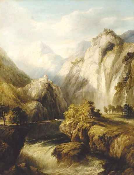 A mountainous river landscape with figures on a bridge and a town beyond Oil Painting by Frederick Henry Henshaw