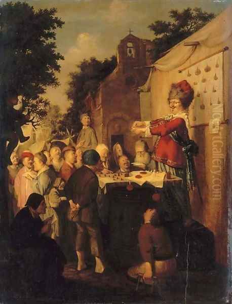 A mountebank at his stand in a rural fair, with a church beyond Oil Painting by Joachim Van Den Heuvel