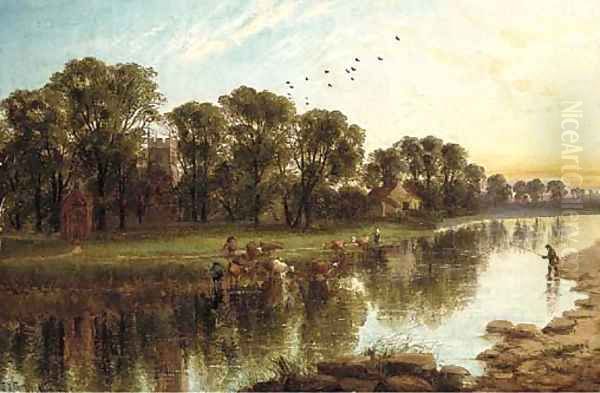 Cows watering near an angler in a river, a church beyond Oil Painting by John Joseph Hughes