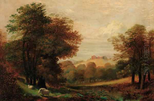 Sheep grazing in a wooded river landscape, a castle beyond Oil Painting by Lewis Hodgkinson