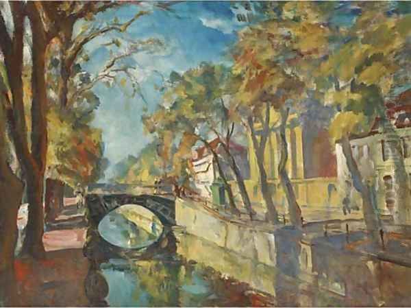 A Dutch canal Oil Painting by Ulrich Hubner