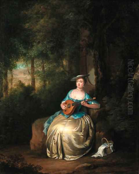 A lady playing a lute in a wood Oil Painting by Anton Hickel