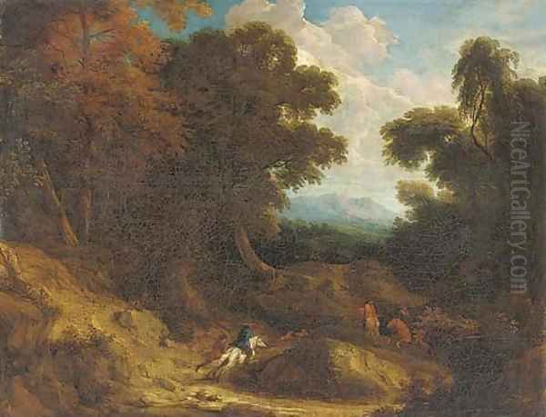 A stag hunt in a wooded landscape Oil Painting by Cornelis Huysmans