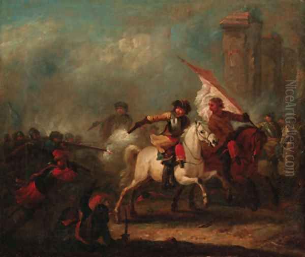 A cavalry skirmish Oil Painting by Jan Van Hutchenburg