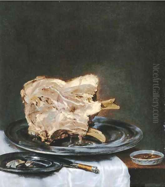 A ham on a pewter plate on a drapped table Oil Painting by Willem Claesz. Heda