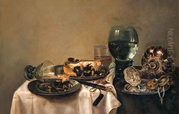 Still Life With Two Pies, A Spoon, A Fob Watch And An Upturned Tazza On Pewter Plates, A Broken Upturned Berkemeyer, A Roemer, A Beerglass, A Knife Oil Painting by Willem Claesz. Heda