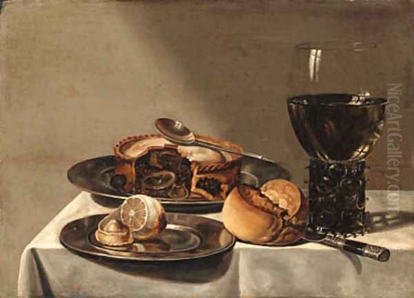 A roemer, a pie with a spoon and a peeled lemon on pewter plates Oil Painting by Willem Claesz. Heda