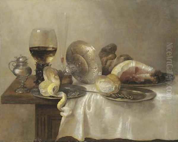 An upturned silver tazza and a partially peeled lemon on a pewter platter Oil Painting by Willem Claesz. Heda