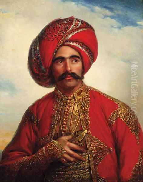 Portrait of a gentleman, half-length, in Anglo-Indian costume Oil Painting by William Henry Florio Hutchisson