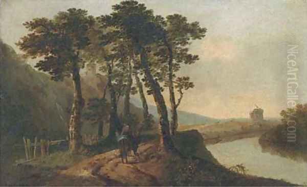 An Italianate landscape with figures by a river Oil Painting by William Hodges