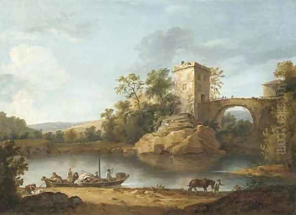 An Italianate river landscape with peasants in a boat and a fortified bridge beyond Oil Painting by William Hodges