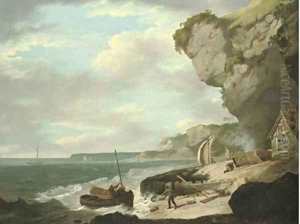 Coastal scene with fishermen on a beach in the foreground and sailing boats beyond Oil Painting by William Hodges