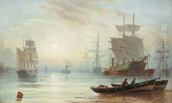 Shipping in a calm, early morning Oil Painting by Bernard Benedict Hemy