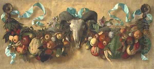 Swathes of fruit and vegetables, punctuated with ribbons, a ram's skull and carved roundels Oil Painting by Daniel Hock