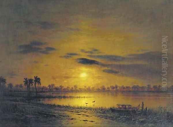 Sunset over an exotic river landscape Oil Painting by Eduard Hildebrandt