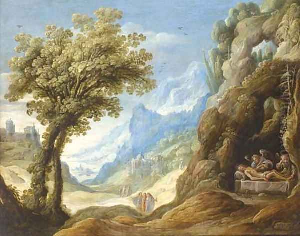 The Dead Christ lamented by Angels in a mountainous landscape Oil Painting by Isaak De Hoey