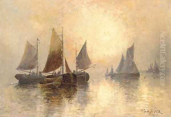 The fishing fleet at sunrise; and The fishing fleet at dusk Oil Painting by Joachim Van Hier