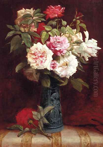 Roses in a vase on a mantle Oil Painting by Martial Hupe