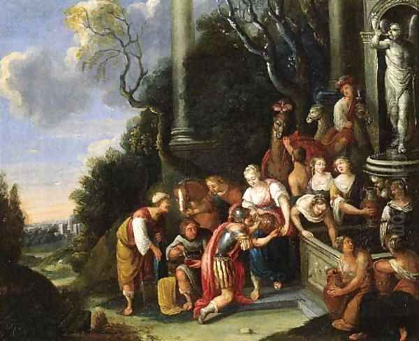 Eliezer and Rebecca at the well Oil Painting by Maximilian Herregouts