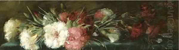 Pink and white carnations on a ledge Oil Painting by Sara Henze