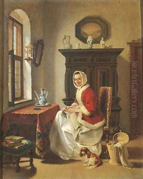 A young lady doing needlework in an interior Oil Painting by Willem Pieter Hoevenaar