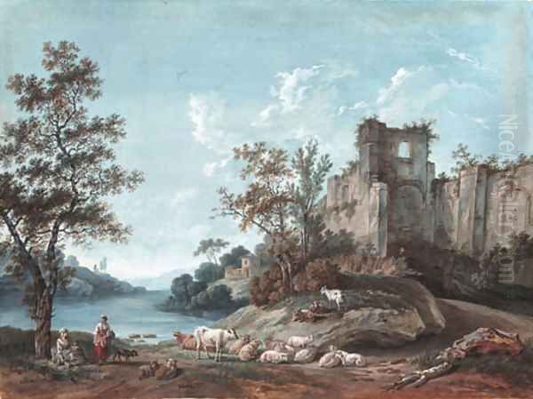 An extensive river landscape with the ruins of an abbey, shepherds in the foreground Oil Painting by Franois Huet