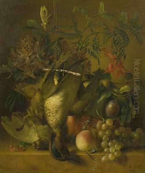 A still life with flowers, plums, peaches, grapes and birds by Geertruida Margaretha Jacoba Huidekoper