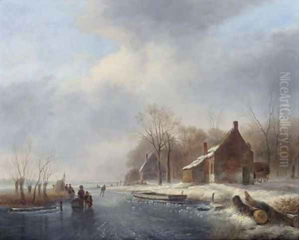 Figures skating on a frozen river Oil Painting by Johannes Matthijs Hoogbruin