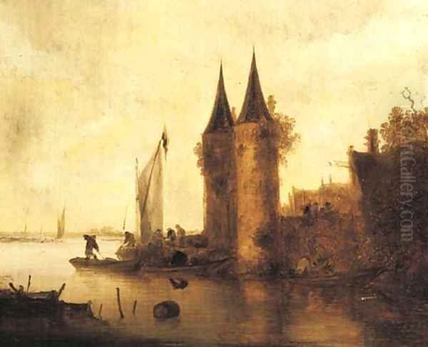 A river estuary with a sailing boat by a fortified town Oil Painting by Maerten Fransz. Van Der Hulft