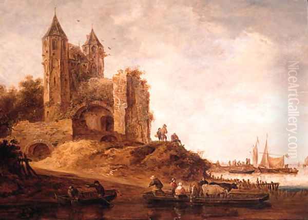 Peasants and cattle on a ferry near a landing stage by a ruined city gate, sailing vessels in a harbour beyond, on a cloudy day Oil Painting by Maerten Fransz. Van Der Hulft