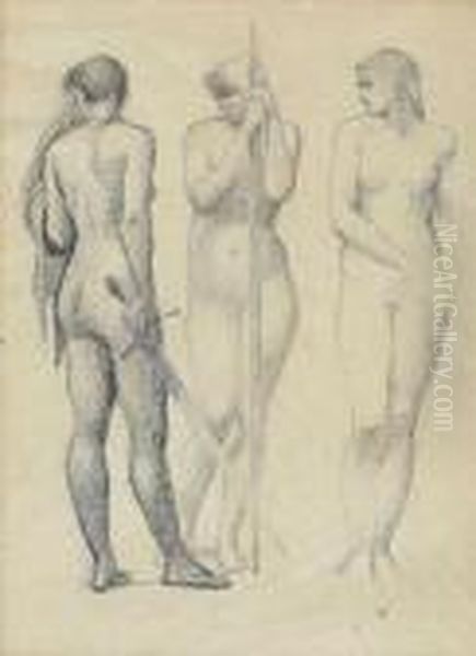 . Study Of Three Female Nudes For 'arthur In Avalon' Oil Painting by Sir Edward Coley Burne-Jones