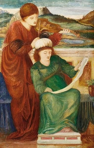 Two Figures In A Classical Landscape Oil Painting by Sir Edward Coley Burne-Jones