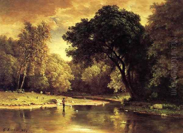 Fisherman In A Stream Oil Painting by George Inness