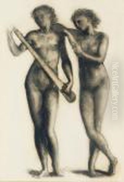 Two Nude Female Figures, One Holding A Musical Instrument Oil Painting by Sir Edward Coley Burne-Jones