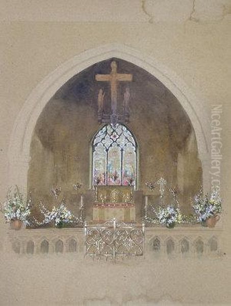 Follower Of Edward Coley Burne-jones, 19th Century- View Of A Church Altar Oil Painting by Sir Edward Coley Burne-Jones