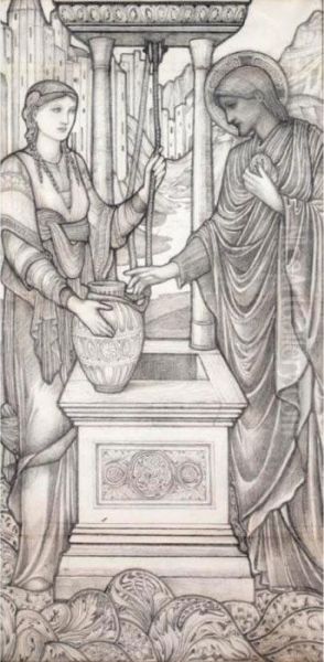 Christ And The Woman Of Samaria At The Well Oil Painting by Sir Edward Coley Burne-Jones