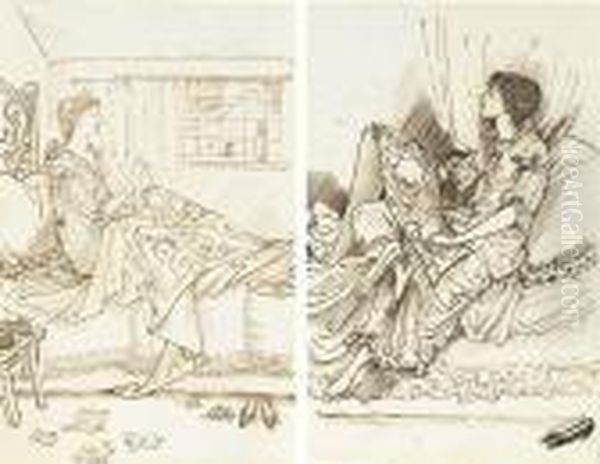 Two Caricatures Of May Gaskell Working On A Tapestry Oil Painting by Sir Edward Coley Burne-Jones