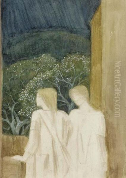 Two Figures On A Terrace: A Study For 'arthur In Avalon' Oil Painting by Sir Edward Coley Burne-Jones