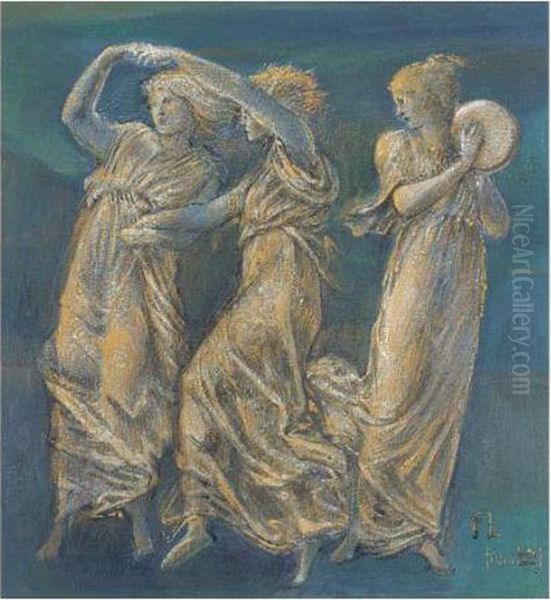 Three Female Figures, Dancing And Playing Oil Painting by Sir Edward Coley Burne-Jones