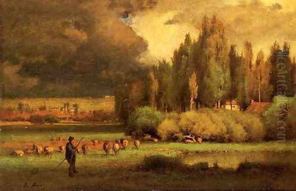 Shepherd in a Landscape Oil Painting by George Inness