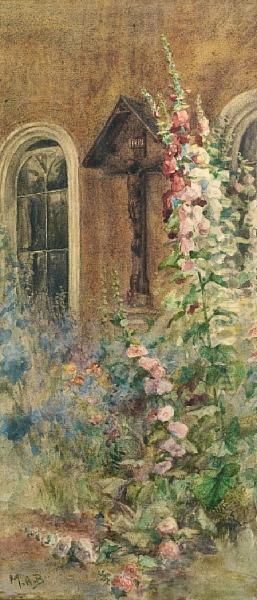 Crucifixion And Hollyhocks Oil Painting by Mildred Anne Butler