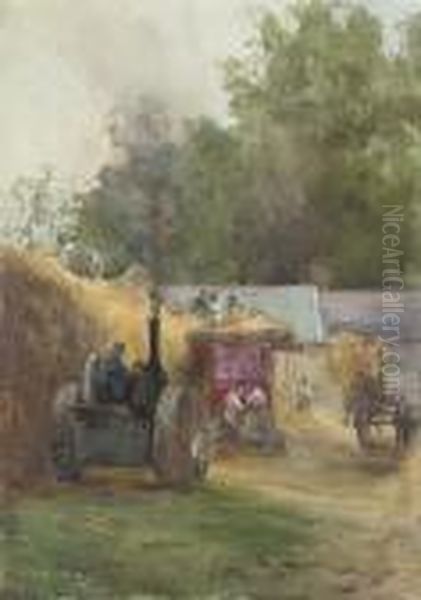 Threshing The Corn At Kilmurry, Co. Kilkenny Oil Painting by Mildred Anne Butler