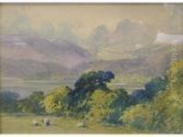 Irishlandscape Of Hills And Lake, Sheep In Foreground Oil Painting by Mildred Anne Butler